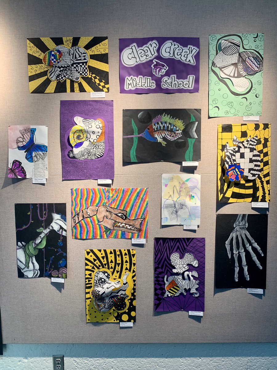 CCMSWildcats's tweet photo. CCMS rockstar art teacher, Ms. Donaldson, volunteered her time to install CCMS students’ artwork at the district office. #CCMSBuildingCommunity #TeamGBSD https://t.co/n4nb5PFD6o