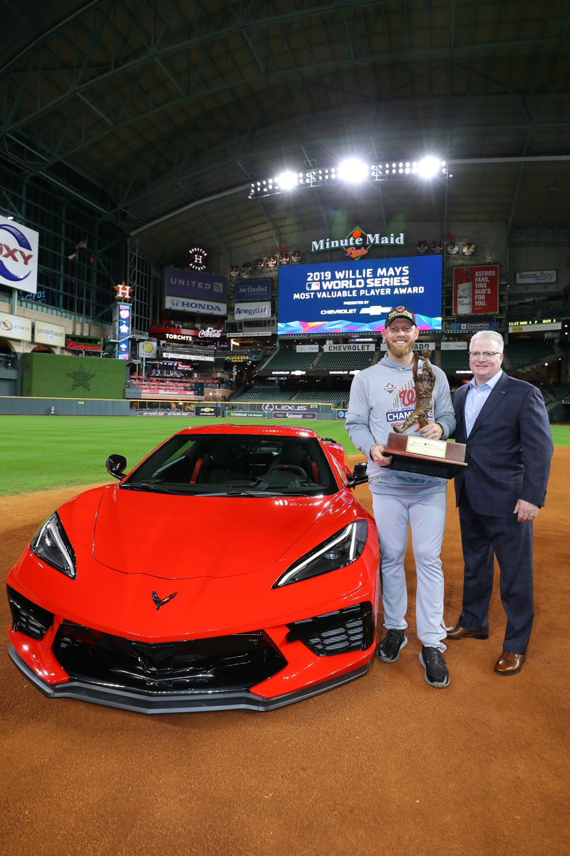 CARandDRIVER's tweet photo. World Series MVP Stephen Strasburg gets a 2020 @Chevrolet Corvette C8: https://t.co/VDv8DFE3GA https://t.co/h8jPDiTtVq