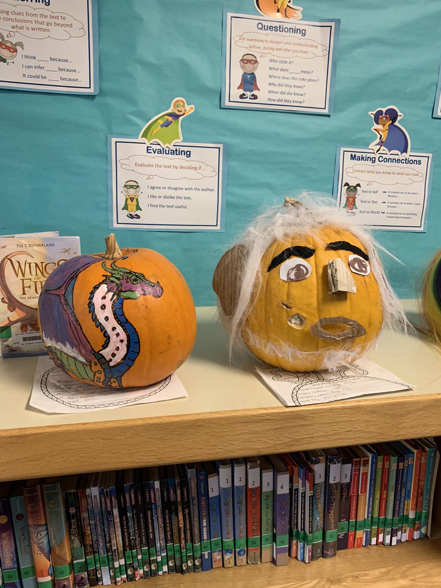 UESLibrary's tweet image. Happy Halloween from UES library. The students worked hard creating their favorite book characters for our storybook pumpkin patch. 🎃@UESPrincipal