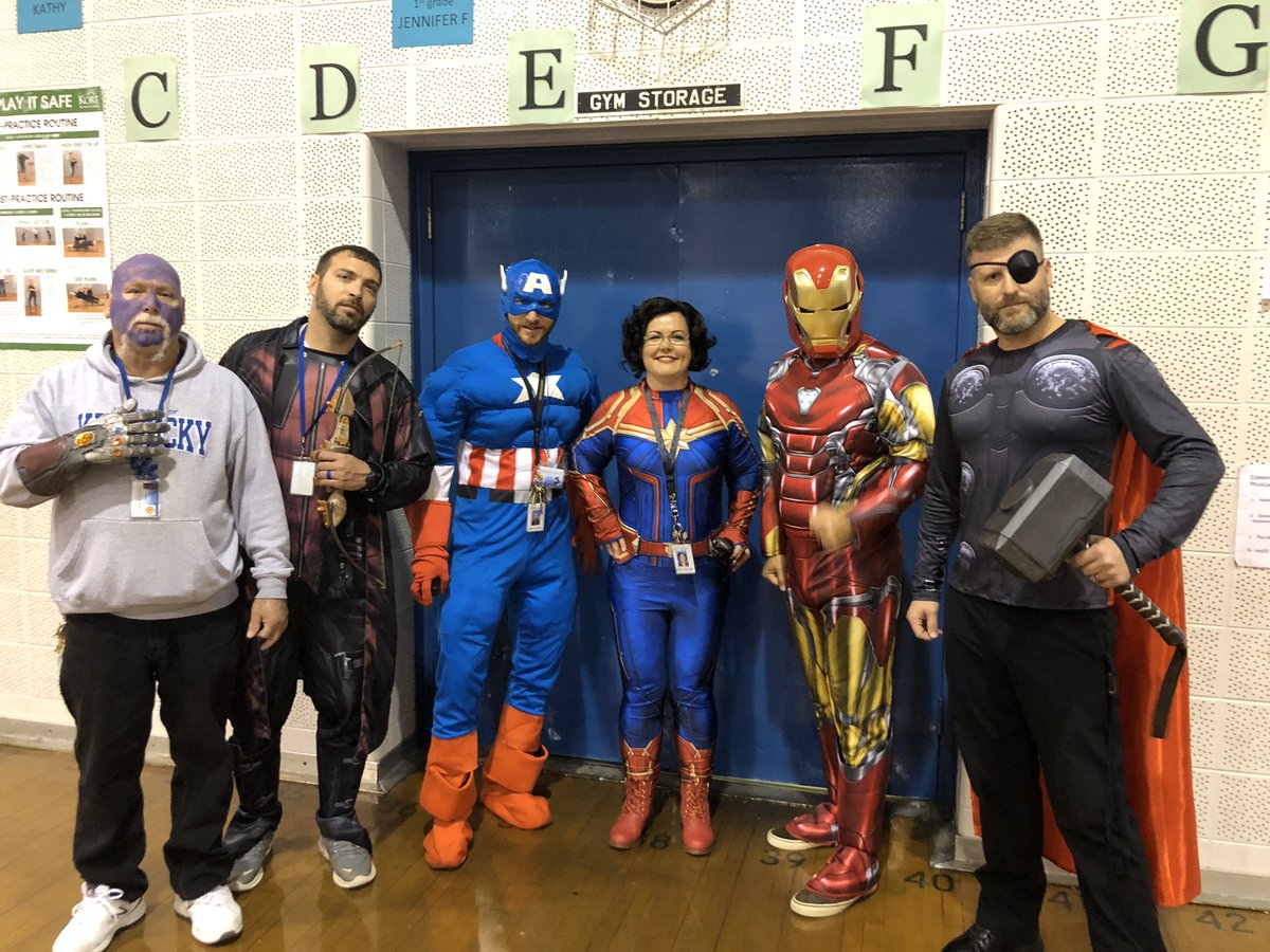 NCES_Principal's tweet photo. The Avengers, and even Thanos, made an appearance at the J. Graham Brown School today. https://t.co/BgwXJxIPz4