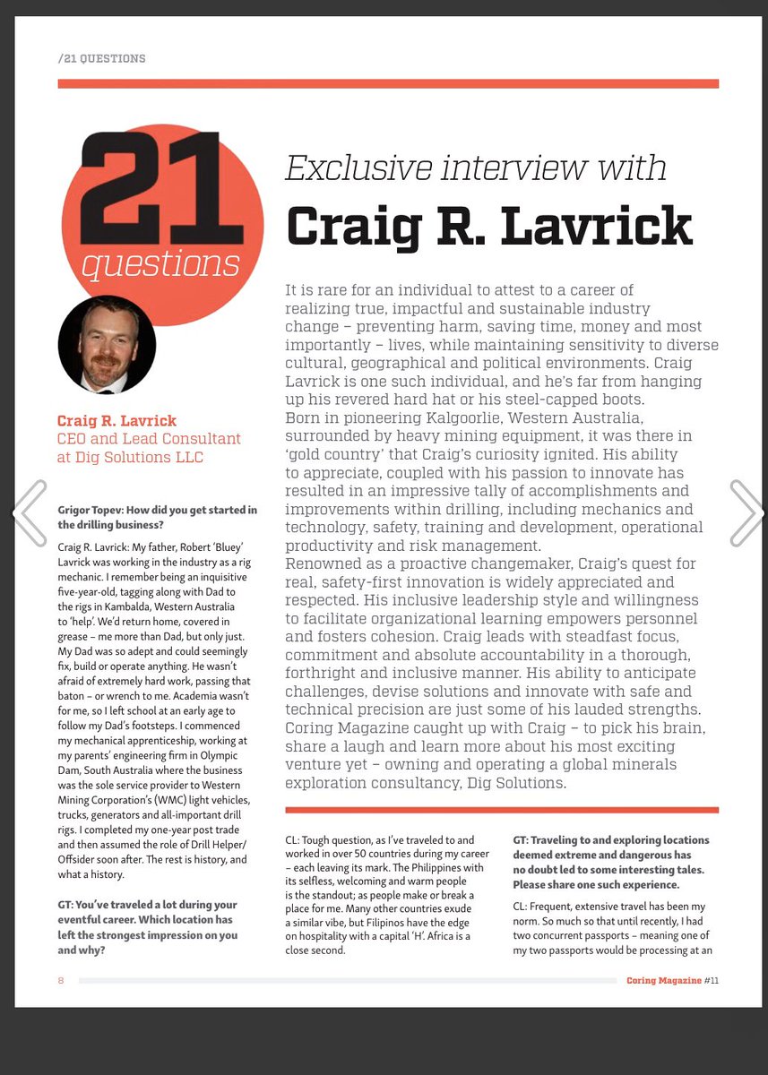 digSolutionsLLC's tweet image. Dig Solutions’ CEO Craig Lavrick features in Coring Magazine’s latest ‘21 Q’s’. Turn to p. 8 to read. coringmagazine.com/issue/issue-11… Stay industry-aware &amp;amp; subscribe for free.  coringmagazine.com
#facesofmining #mining #proudaussie #coresample #riglife #kalgoorlie 🇦🇺#diamondrilling