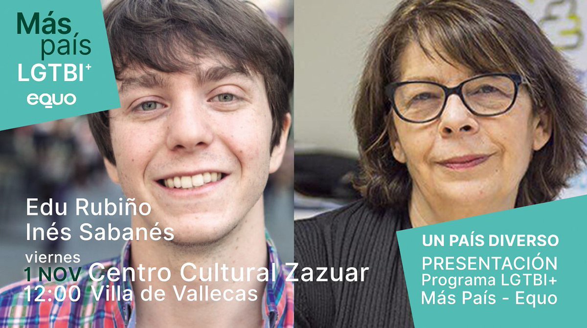 📢 ¡Atención! Presentación del Programa LGTBI+ de <a href="/MasPais_Es/">Más País</a> con <a href="/EduardoFRub/">Eduardo Rubiño 🏳️‍🌈</a> e <a href="/isabanes/">Inés Sabanés</a> ¡POR UN PAÍS MÁS DIVERSO🏳️‍🌈!
🗓️ 1 Noviembre
🕛 12.00h
🏠 Centro Cultural Zazuar. Calle Zazuar 4, Madrid.
¡Te esperamos!