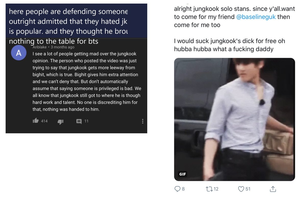 Ppl have gained huge followings just by making dumb jokes about jk. And whenever someone tweets something questionable about jk, and gets called out by his real fans, thousands of armys swarm to their defense and hype them up. Absolutely grotesque.