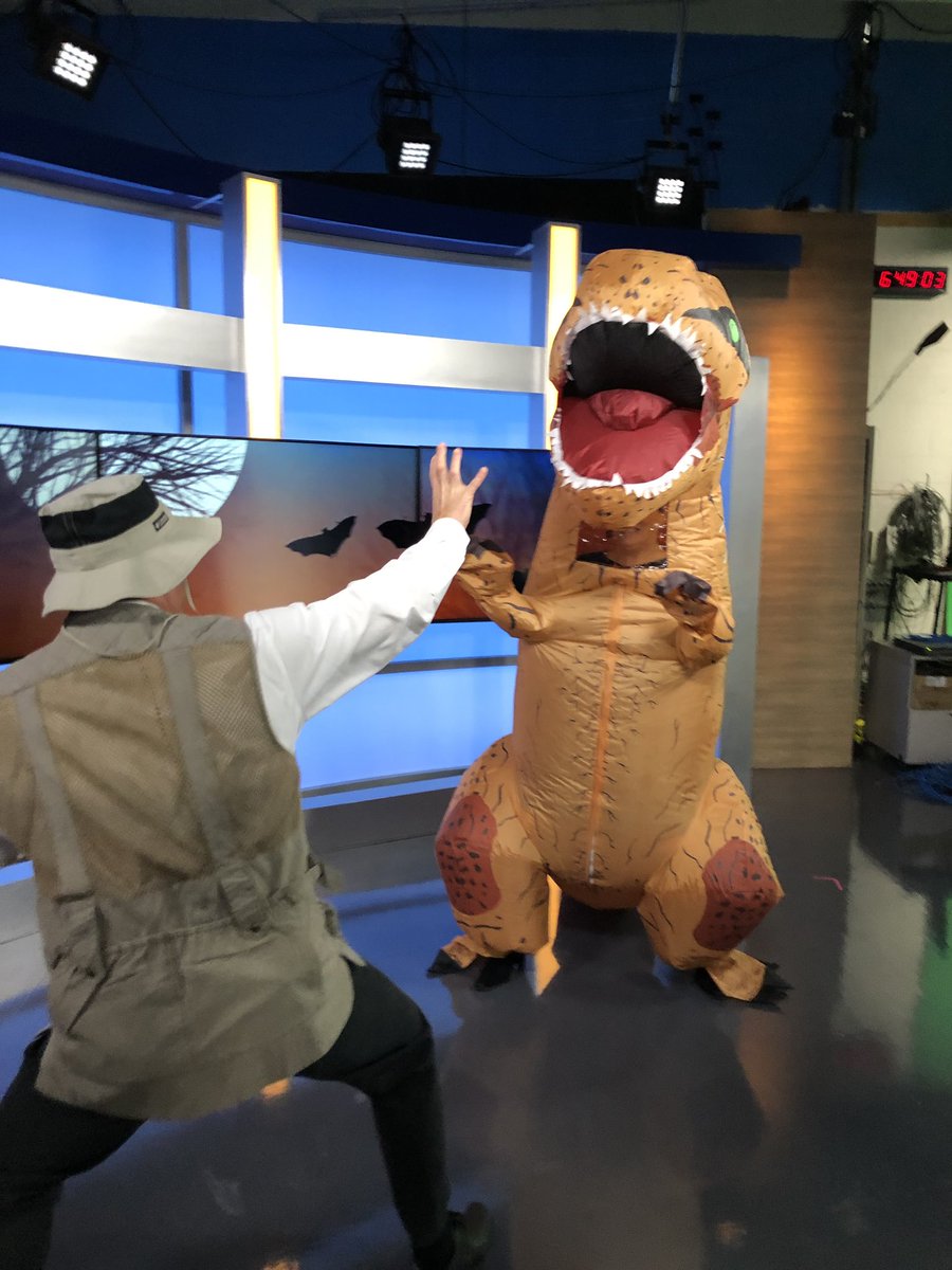 maggieKTVB7's tweet photo. We had way too much fun with our costumes on the news this morning. Iโve always dreamed of wearing this DINO costume, today my dream came true. ๐@DougPetcashKTVB is my wrangler and @KTVBLarry was my snack! Now, off to embarrass my kids. #7Boo @KTVB https://t.co/UlypWhVZwm