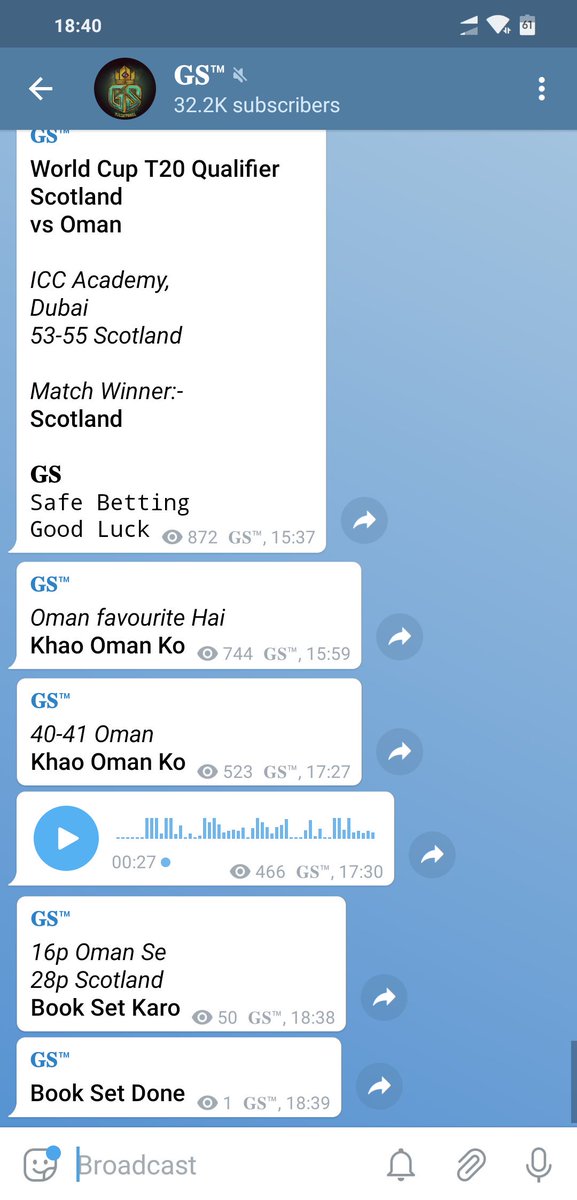 Scotland vs Oman

Posted On Telegram
#SCOvOMA #SCOvsOMA #OMAvSCO #OMAvsSCO
#Scotland #Oman
#ICCt20Qualifier #WT20Qualifier #T20WorldCup #T20Qualifier #WorldCupT20Qualifier 
#Jackpot #Prediction #MatchPrediction #Tipster #Tipper #IPL #MatchTips #SessionTips #Dream11 #GSdadaTips