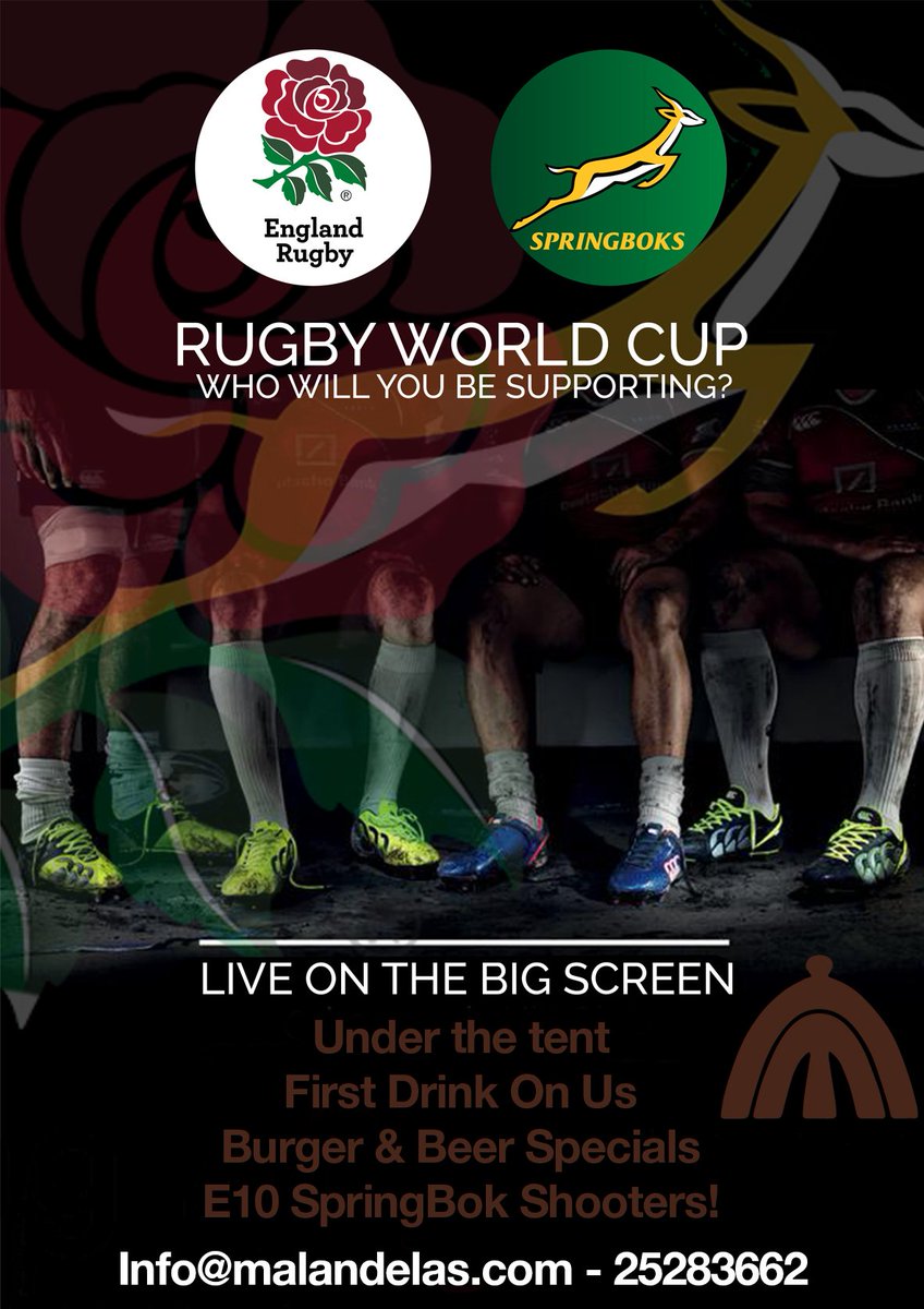 Along with the fun-filled Pub and Farmers Market happening on Saturday and Sunday, 2nd &amp; 3rd November, we will also be screening the Rugby World Cup Final! 

First drink on us! Beer &amp; Burger specials! E10 Springbok shooters!

Book a table now!

25283662