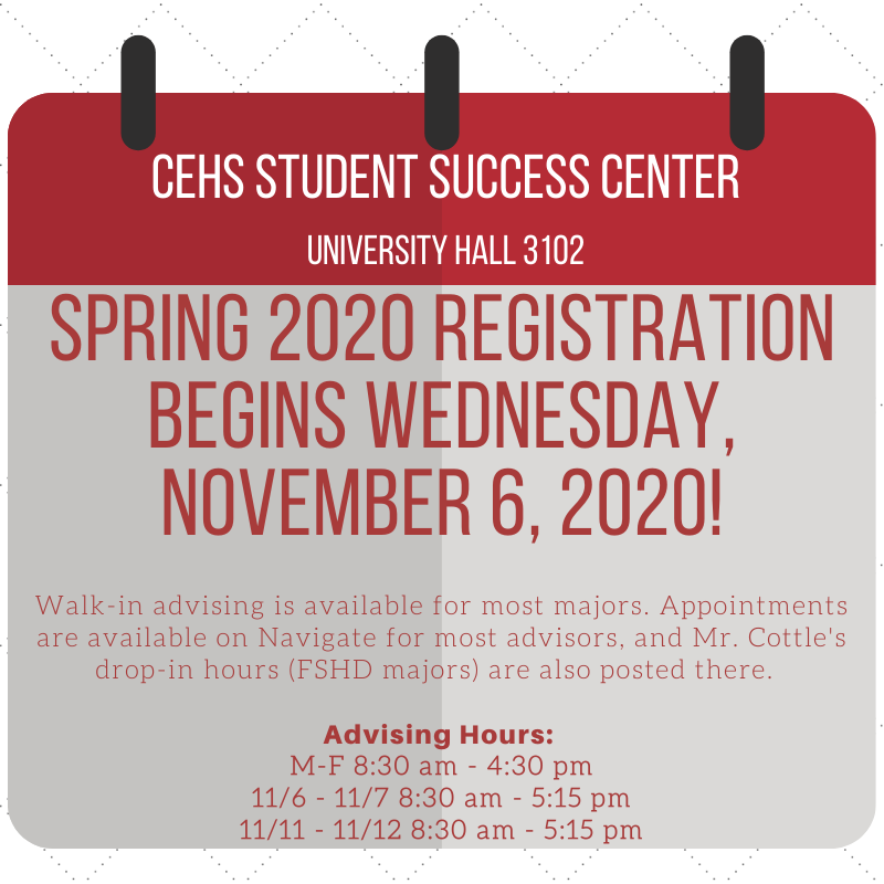 cehs_ssc's tweet photo. There is just less than a week to go before Spring Registration! Make sure to check your registration time (based on credits EARNED), take care of any holds, and visit the Student Success Center to meet with your advisor! https://t.co/Pdbyc4zHr1