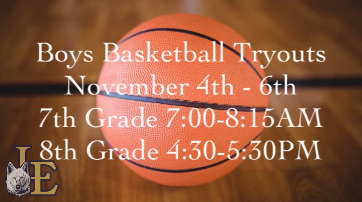 Boys Basketball Tryouts will be next week, Nov. 4th - Nov. 6th. 7th Grade will be at 7:00-8:15AM and 8th Grade will be at 4:30PM-5:30PM. In order to tryout, students must have a current (2019) Physical turned into Coach Blake Jameson.