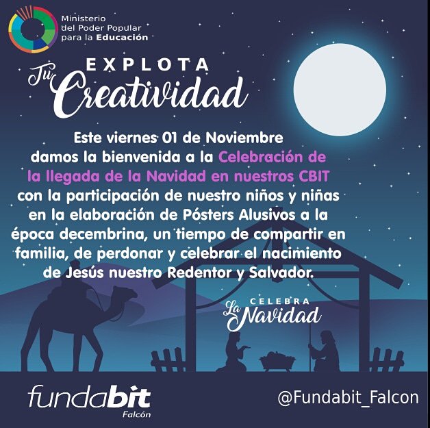 Fundabit_Falcon's tweet photo. Este Viernes 01 de Noviembre participa en el diseño de Póster para Celebrar la llegada de la Navidad a nuestros CBIT, #explotatucreatividad @psuvaristobulo @vane_prieto @FundabitOficial @MarelysCastro21 https://t.co/iJu3EEeGLO
