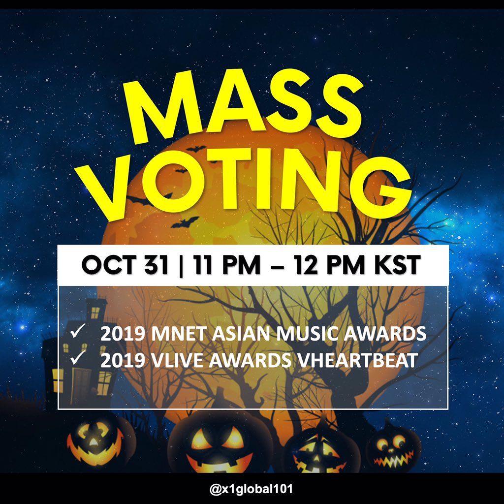 x1global101's tweet photo. You’re cordially invited for a SPOOKY VOTING tonight at 11-12PM KST! 👻 

This year's HALLOWEEN VOTING won't be complete without ONE ITS’ participation, right? 

🎃 #2019MAMA:  https://t.co/7shBOmqDHp
🎃 #VLIVE2019: https://t.co/x9lHS7cQ21

#MAMAVOTE #x1 #엑스원 @x1official101 https://t.co/mvAvlCZi6J