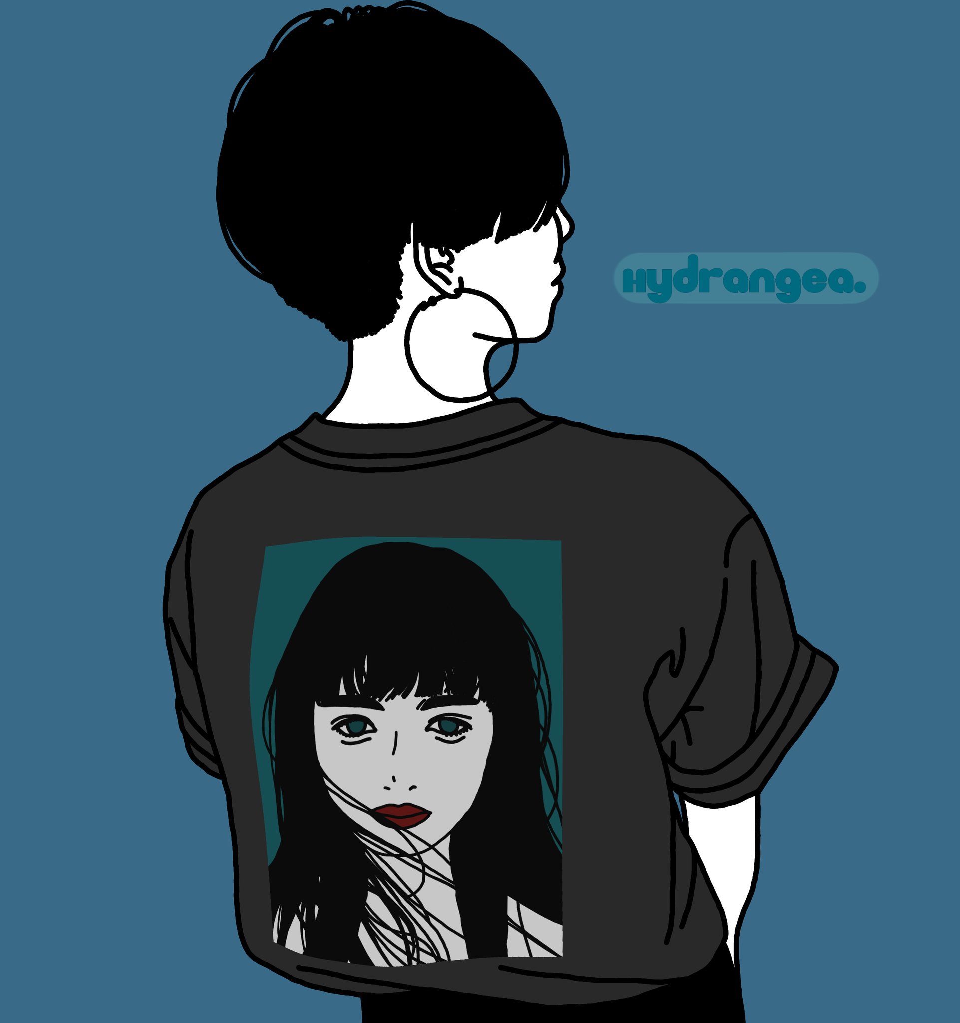 Yuu Hydrangea の着画です 黒髪マッシュボブお姉さんに試着して頂きました Hydrangea の服やグッズはこちらから購入可能です T Co 34zcvtahze イラスト Illumination お洒落さんと繋がりたい 古着女子 古着男子 エモい 絵を描く人々