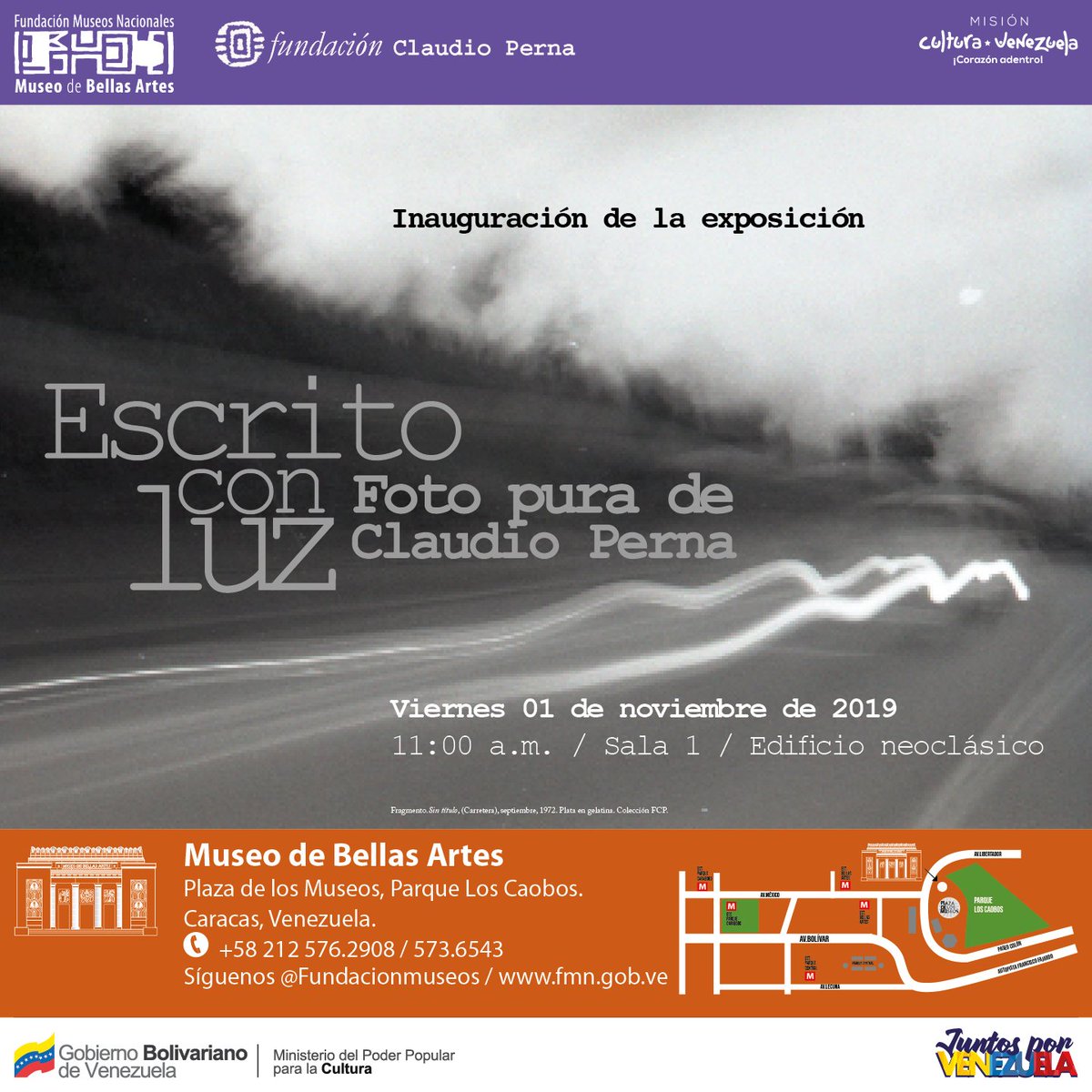 Te invitamos a que te acerques este #01Nov al <a href="/mbaccs/">Museo Bellas Artes</a> #Sala1, a partir de la 1pm 🕐 para que disfrutes de la exposición de Claudio Perna con el tema: "Escrito con Luz ".