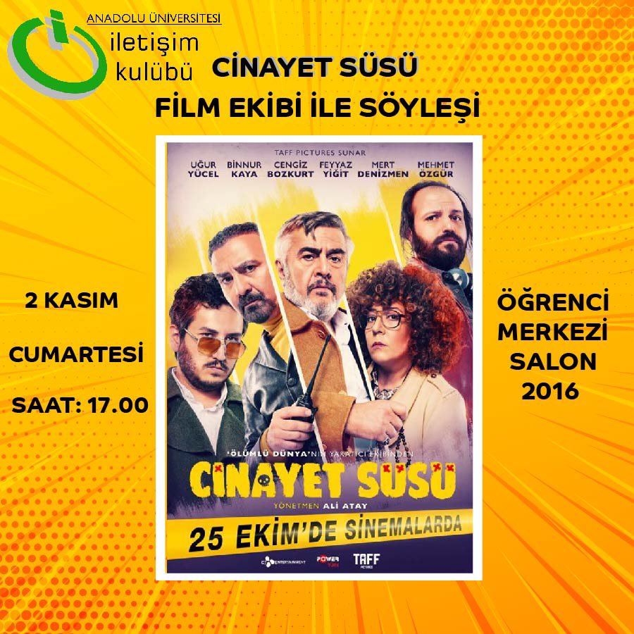 Anadolu Üniversitesi İletişim Kulübü sezonu <a href="/cinayetsusufilm/">Cinayet Süsü Film</a> ekibi ile açıyor! 2 Kasım Cumartesi günü Cinayet Süsü Film Ekibi ve Oyuncuları ile 17:00’da Öğrenci Merkezi Salon 2016’da gerçekleştireceğimiz söyleşimize hepiniz davetlisiniz!