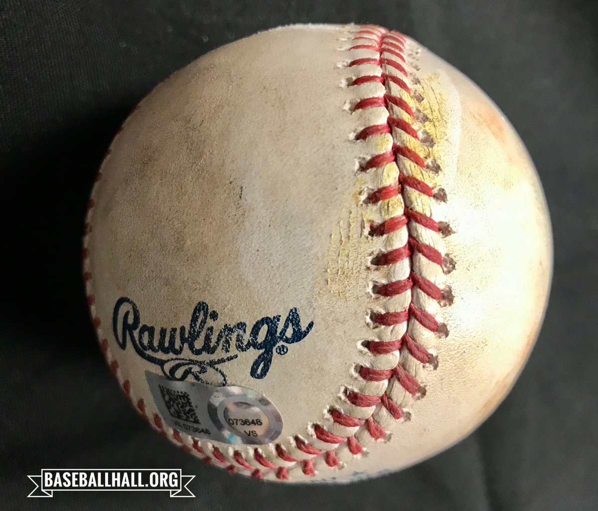 After a brief run-in with the foul pole last night, this baseball is on its way to Cooperstown! Thank you to Howie Kendrick for generously donating his Game 7 home run ball to the HOF. That homer gave the @nationals the lead in the 7th inning, and the rest is baseball history.