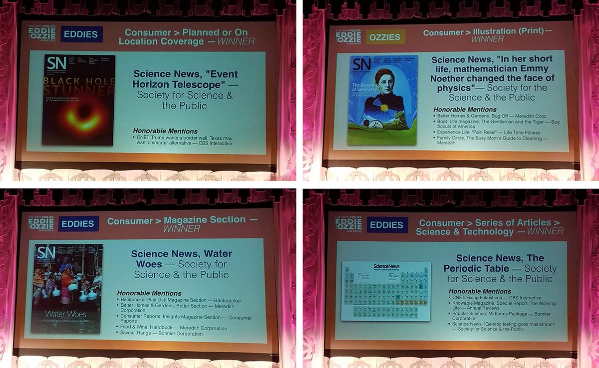 Kate_Travis's tweet photo. Honored to attend the #FolioAwards last night and pick up four awards for the amazing @ScienceNews team! https://t.co/2oWtfgBgZF
