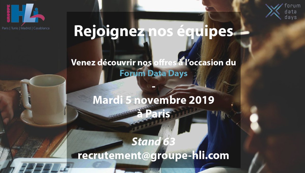 GroupeHLi's tweet image. HLi recrute actuellement des profils junior, chef de projet ou senior de formation à dominante mathématiques, data science ou informatique. Inscrivez-vous pour découvrir toutes nos offres d’emploi à l&apos;occasion du #ForumDataDays dédié aux métiers de la #Datascience et du #Bigdata