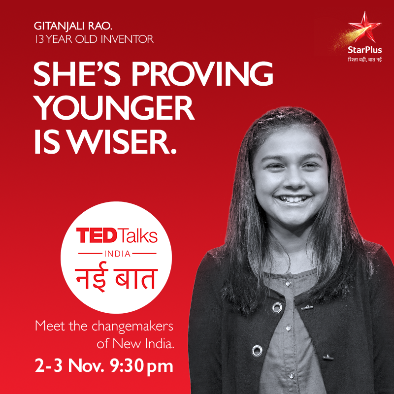 StarPlus's tweet photo. Here is someone whom we can trust to shape our future. And she’s a 13 year old!

#TEDTalksIndiaNayiBaat, Starts 2nd Nov, Sat-Sun at 9:30pm on StarPlus @hotstartweets @TEDTalks @NatGeoIndia and @StarWorldIndia

@gitanjaliarao https://t.co/Ewrw2UTO37