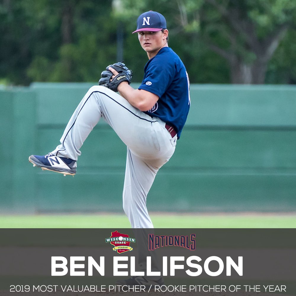 wslbaseball's tweet photo. Your 2019 Wisconsin State League Most Valuable Pitcher and Rookie Pitcher of the Year: Ben Ellifson of @WANationals. Ellifson appeared in 9 games, starting all 9. He pitched 34.2 innings with a 0.78 ERA and 29 strikeouts, going 5-0. #WSL https://t.co/p1qghBwuNN