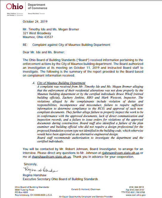 321Broadway's tweet photo. @CarrieForMaumee Ohio Board of Building Standards received information pertaining to the enforcement actions by the City of Maumee building department

The Board authorized an investigation at its meeting on October 11 2019 &amp; instructed Board staff to investigate

#Maumee #LiarsFakersAndFrauds https://t.co/NScb3SXdTN