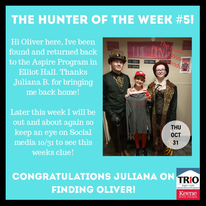 KSCAspire's tweet photo. 3 important things today! 1) Fall 2019 withdrawal date reminder. 2) Juliana B bringing Oliver home. 3) Oliver already back at it again and on another adventure. #Kscstudent #TheHunt #Keenestate https://t.co/71EHdObutt