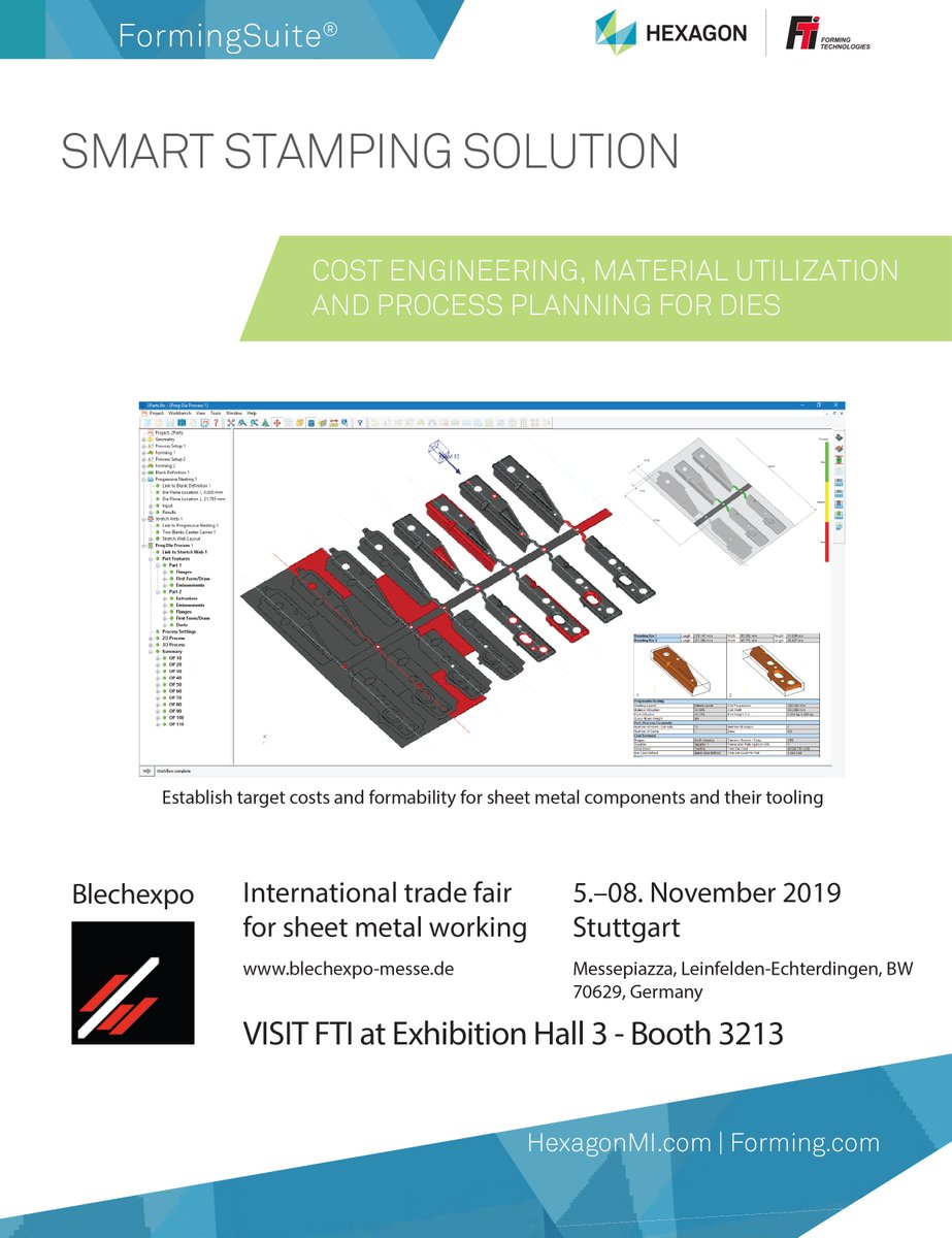 FTI_FormingTech's tweet photo. Join FTI, Simufact and AICON at BlechExpo 2019. FTI will showcase a sheet metal forming process chain, which includes SMART STAMPING design for manufacturing to improve geometry formability. For more info go to https://t.co/Nszu55VUrC
#FTI #makeitsmarter #simufact #aicon https://t.co/WxYfn05Gqi