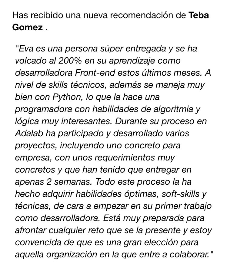EvaMarcoD's tweet image. Estoy flipando con las recomendaciones que me están haciendo!!!! Muchas gracias!! #FrontEndJunior #buscandotrabajo #gracias #cambiodevida #nuevorumbo