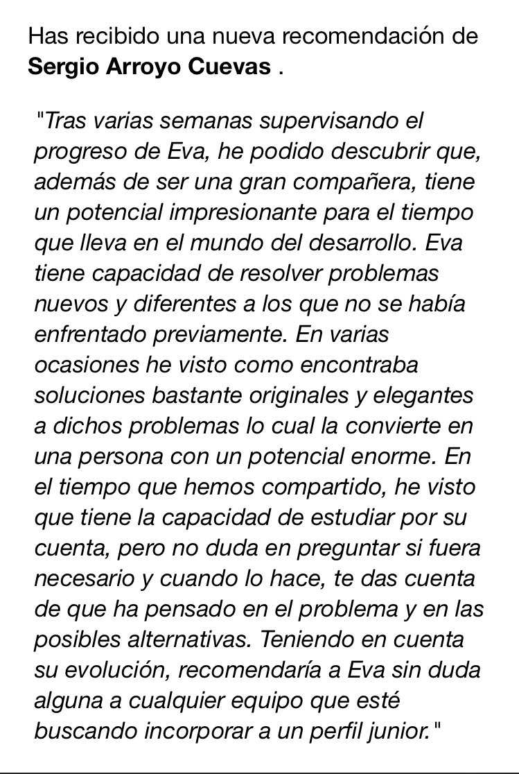 EvaMarcoD's tweet image. Estoy flipando con las recomendaciones que me están haciendo!!!! Muchas gracias!! #FrontEndJunior #buscandotrabajo #gracias #cambiodevida #nuevorumbo