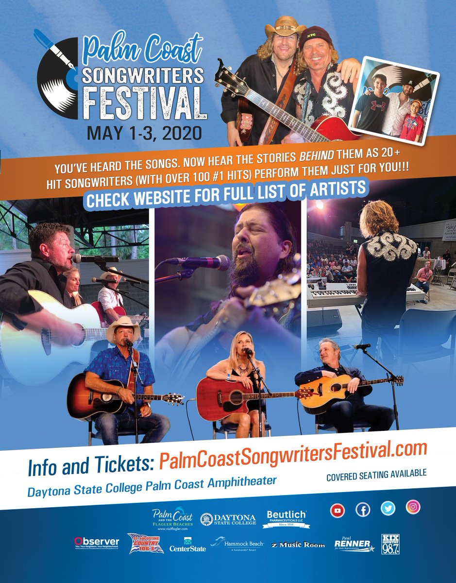 PalmCoastFest's tweet photo. 🎟️🚨 Tickets for the 2020 Palm Coast Songwriters Festival go on sale TOMORROW!

Hear the stories behind the songs that make you jam. Join us May 1-3 in @palmcoastnow! 🎶

@VisitFlagler @KIX987 https://t.co/liCiWL7Q0u