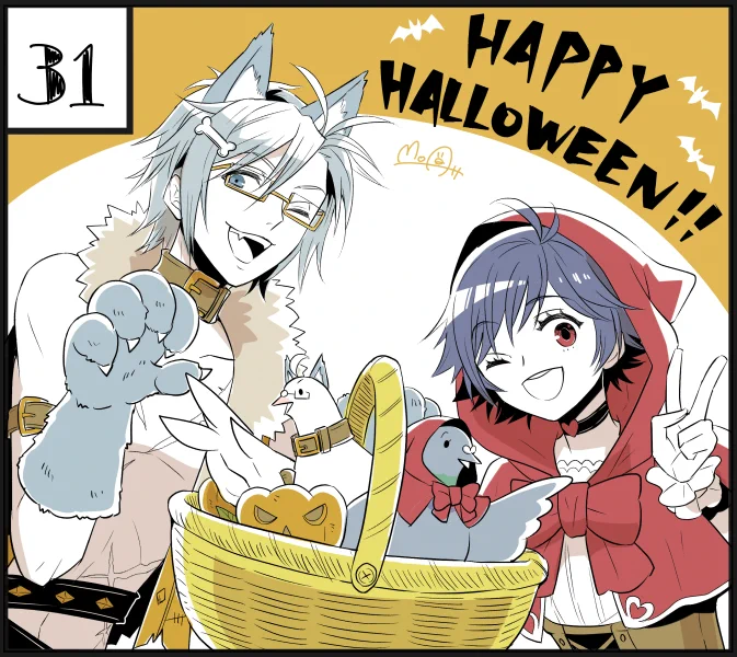 【Inktober2019】ハロウィン衣装のポポリーヌと坂咲先輩/Coolene and Yuuya in Halloween costume(はーとふる彼氏/Hatoful Boyfriend) 滑り込みハロウィン!?ちょっと珍しい組み合わせだけど、二羽ともやるならガチ勢な感じがするよね。鳥なのか犬なのか再び。 #ArtworkMoa810 