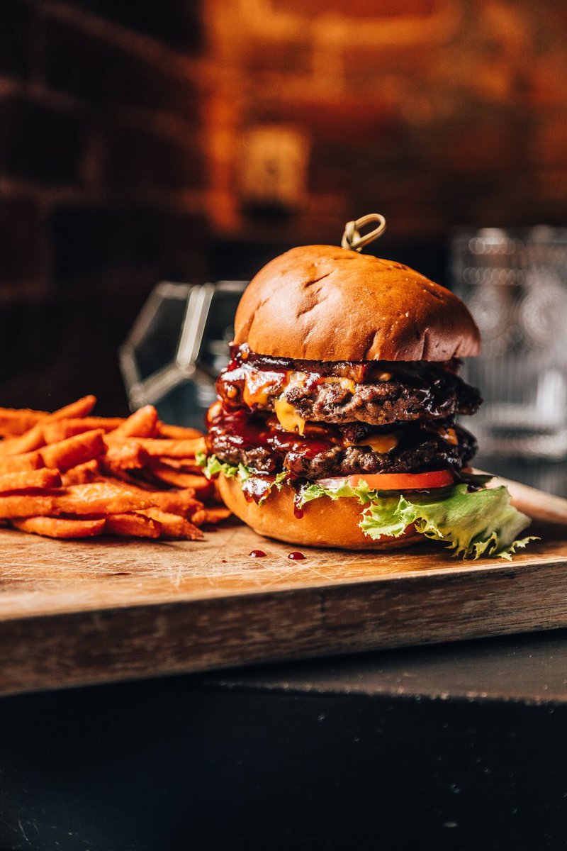 For lunch today we have a BBQ pork belly brick double cheeseburger, $18.