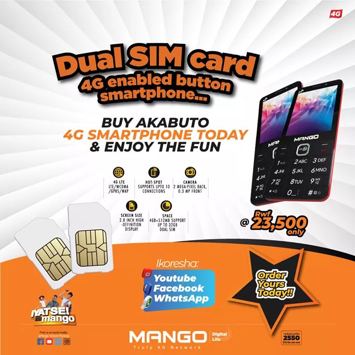 Mango4G's tweet photo. Dual SIM card and 4G enabled button-smartphone... Buy #Akabuto 4G smartphone today @ only Rwf 23,500 and enjoy the fun.
#IyatseNaMango #Akabuto #4GUnlimiteddata #LTEspeed #Smartphones #NoBunddles #FastestInternet #MangoTelecom4G https://t.co/axt0DZSK5J