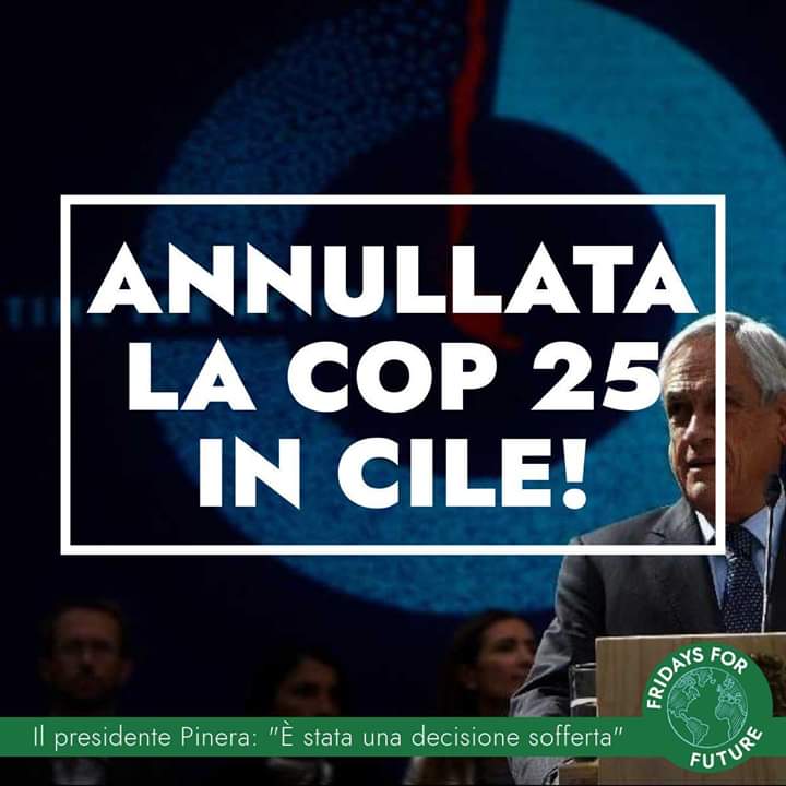 1/3 Cile, Piñera cancella la #COP25 dell'ONU, la fondamentale prossima tappa per poter concretizzare gli impegni di contrasto dell'emergenza climatica. 💡So here's an idea #CaroAntonioGuterres: che la COP25 si tenga "virtualmente" e carbon-free!