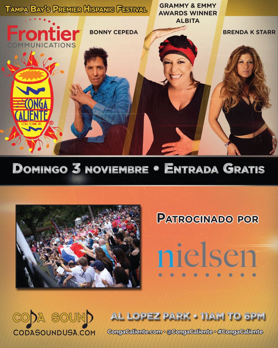 Conga_Caliente's tweet photo. Música, comida y diversión para toda la familia. ¡Entrada gratis! ¡Este domingo, 3 de noviembre!
¡Estamos orgullosos de tener @nielsen como patrocinador de este año! ¡Gracias por apoyar a nuestra comunidad!

#CongaCaliente #HispanicHeritageMonth #LiveMusic #Festival #TampaFlorida https://t.co/uftYRoDa4D