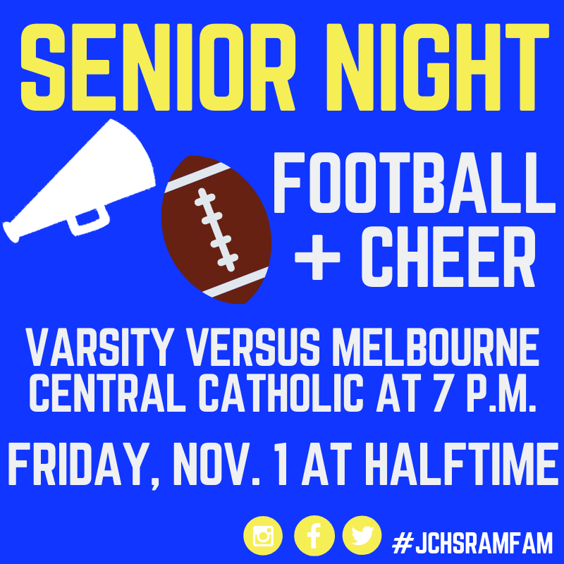 JohnCarrollHS's tweet photo. Senior Night for football and cheer is tomorrow night during halftime! The Rams kick off against Melbourne Central Catholic at 7! l #jchsramfam #seniorszn #jchsathletics #BEATmcc #jchscheer #jchsfootball @JCGoldenRams @TCPalmPrepZone @JonSantucci https://t.co/NH9R6Exi6g