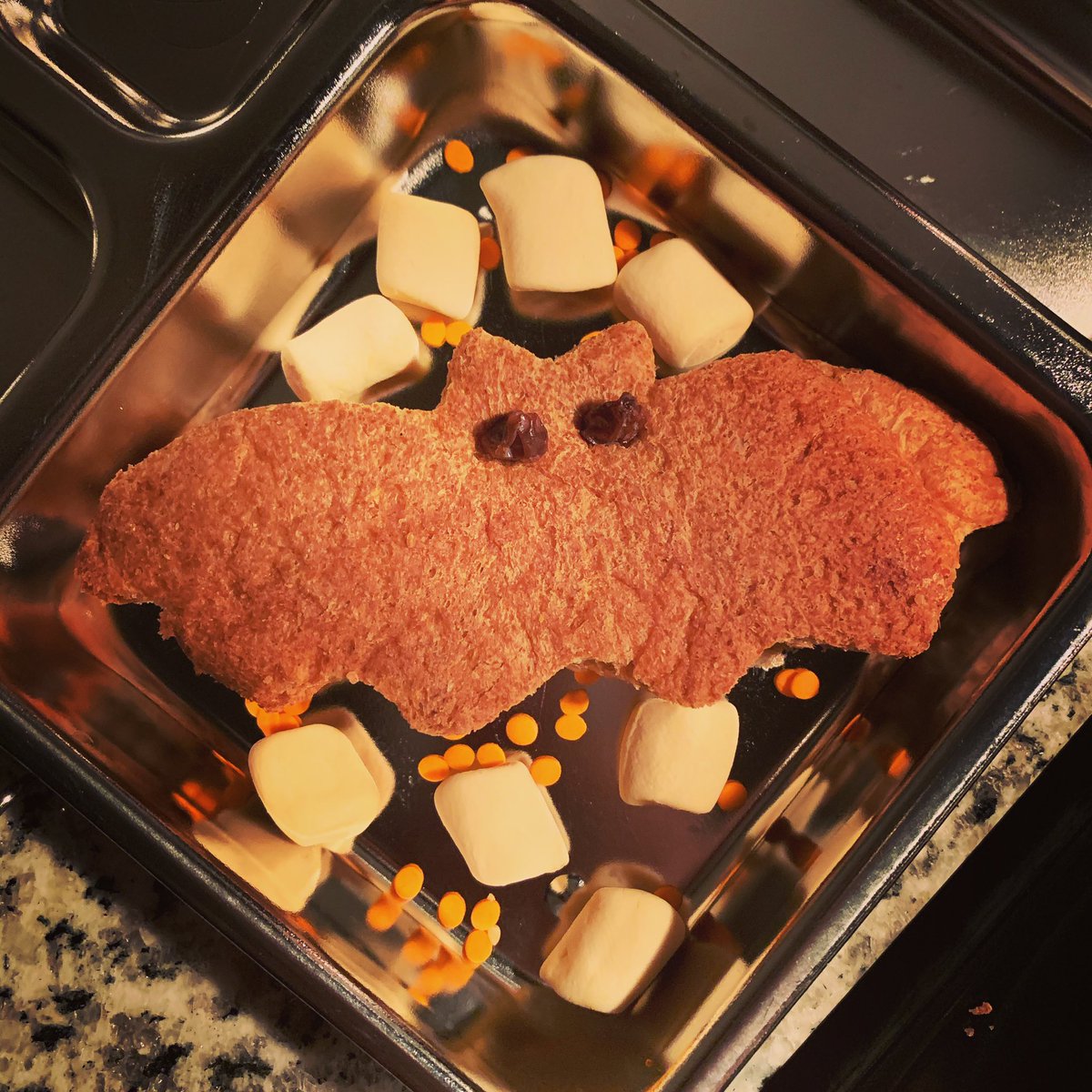 coffeeontues's tweet image. PB&amp;amp;J Bat Sandwich. With raisin eyeballs. And @mydandies Vegan Pumpkin Marshmallows. Cuz our kids are only kids once, right? 🤷🏽‍♀️🦇🎃 #HappyHalloween #VeganKids #PlanetBox #KidsLunch #FirstGrade #Vegan #Marshmallows #YOLO