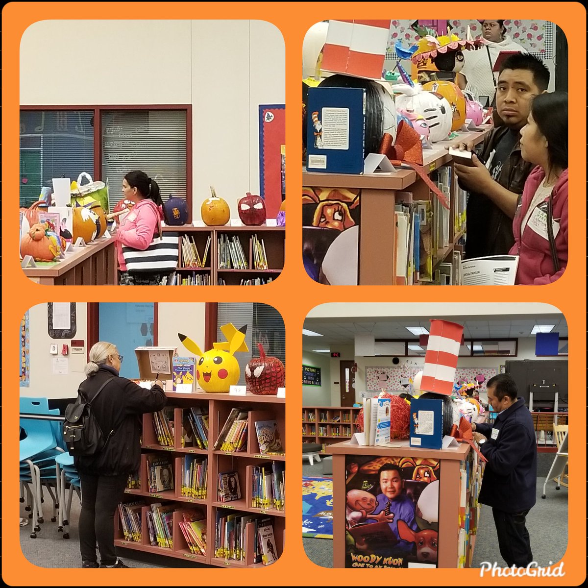 SneedESLibrary's tweet photo. Parents judging the #CharacterPumpkin contest...which one will win? @Aliefsneed @Alief_Libraries @AliefISD https://t.co/e9oNlZXaU0