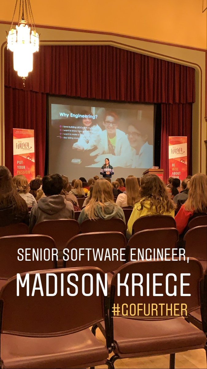 se_iastate's tweet photo. @WiSE_ISU held their #GOFurther Women in STEM conference at @IowaStateU today. Here is @se_iastate  senior, Madison Kriege, speaking to a room full of 8th grade female students. #WomenWhoCode #adventureSE #SoftwareEngineering https://t.co/mTbvEQhEP3