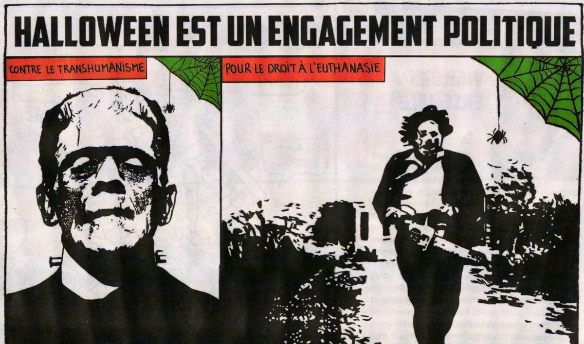 SVR692's tweet image. #HappyHalloween à TOUS🎃
Rentrant de notre chasse aux 🧙‍♀️et 🍬🍭 avec ma fille, je poste ces dessins @Biche_Doe publiés dans @Charlie_Hebdo_ 
TOUTES mes PASSIONS en 4 dessins :
#Fantastique #TexasChainsawMassacre  #Hammer #Politique #Humour #dérision #CharlieHebdo 
et #MortAuxCons