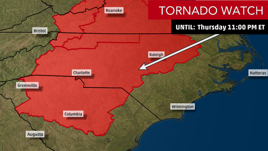NEW: #Tornado watch issued for western and central North Carolina and northern South Carolina until 11 p.m. EDT.