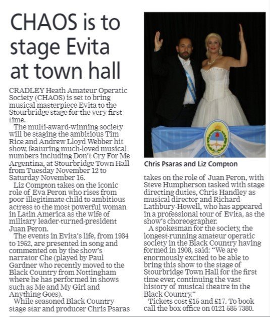 CHAOSoperatic's tweet photo. We haven't exactly made the front pages of all the world's papers today, but we are in this week's 
@StourbridgeNews! #Evita #CHAOS2019 #DontKeepYourDistance https://t.co/JFDpCiPDXT