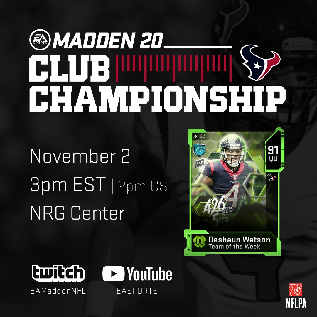 The Houston Club Championship is kicking off! RT &amp; Comment for a chance to win Deshaun Watson! 

Watch Live: twitch.tv/eamaddennfl #MaddenClubChampionship