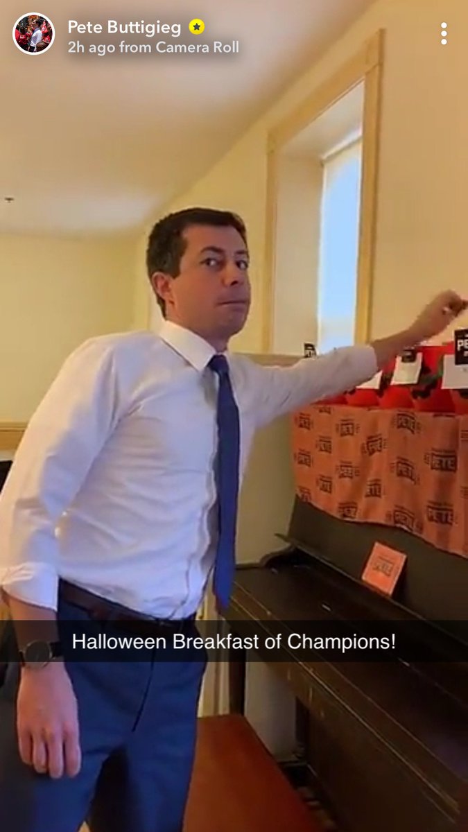 AdventuresMayor's tweet photo. Love Pete's face when he nabs the Milky Way from the Halloween candy on Snapchat. #BOOtigieg #Halloween2019 #TeamPete https://t.co/iUFJXrjOOV