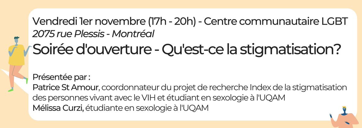 Le 1er nov, c'est la soirée d'ouverture de Zéro Stigma!

Dès 17h au Centre communautaire LGBTQ de Montréal. Un mocktail et des bouchées seront servies.

Le thème: "Qu'est-ce que la stigmatisation?"

Avec Patrice St-Amour, coordonnateur du projet Index de la #stigmatisation. #VIH