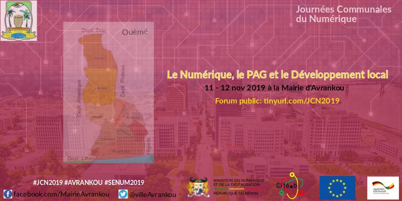 villeAvrankou's tweet photo. Ds le cadre de #SENUM2019, @villeAvrankou en partenariat avec le #PDDC/GIZ, le projet https://t.co/t7hHwaDh0D de @ancbenin et @numeriquebenin organise les journées communales du numérique les 11 et 12 nov 2019 à #Avrankou à partir de 9 h
#JCN2019 #wesxo #Benin #Oueme #civictech https://t.co/sGJr2ZXU3y