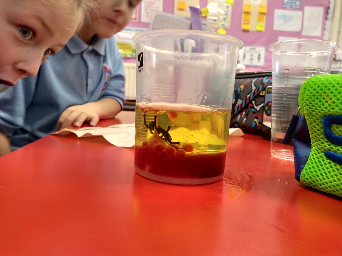 MissPark89's tweet photo. Today P3 made some spooky lava lamps! We used water, oil, food colouring and a vitamin tablet to create the chemical reaction @greenriggps1 ⚛️🕷️ https://t.co/QoyBsaDwTa