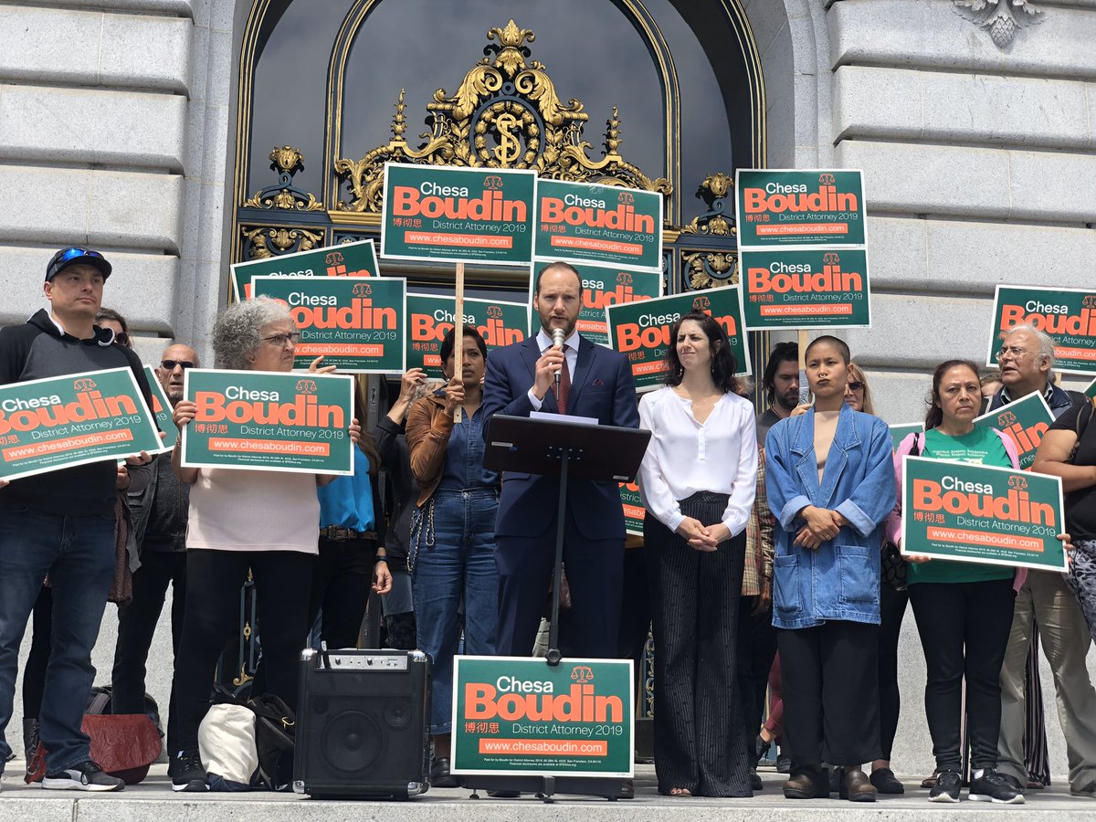 Chesa Boudin in front of City Hall on June 18, 2019