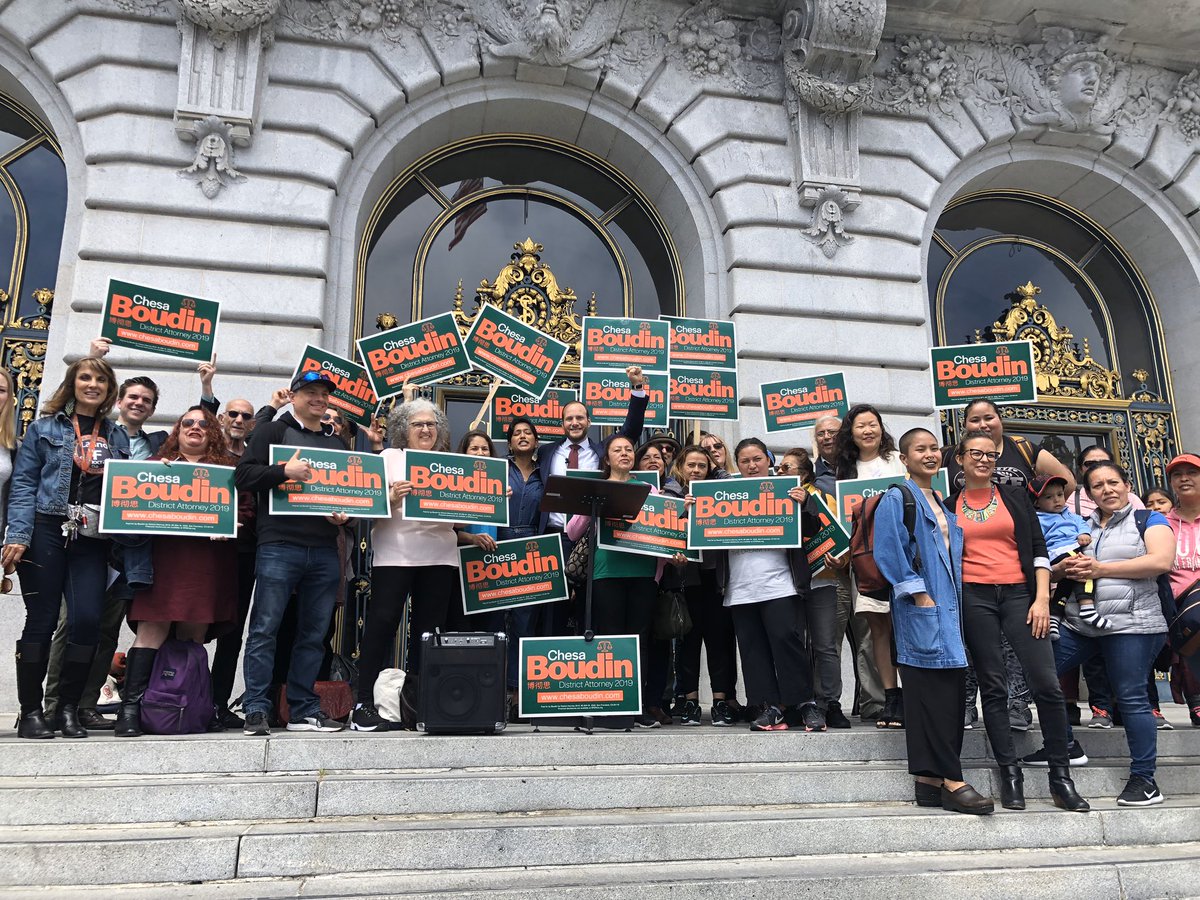 Chesa Boudin & supporters in front of City Hall on June 18, 2019