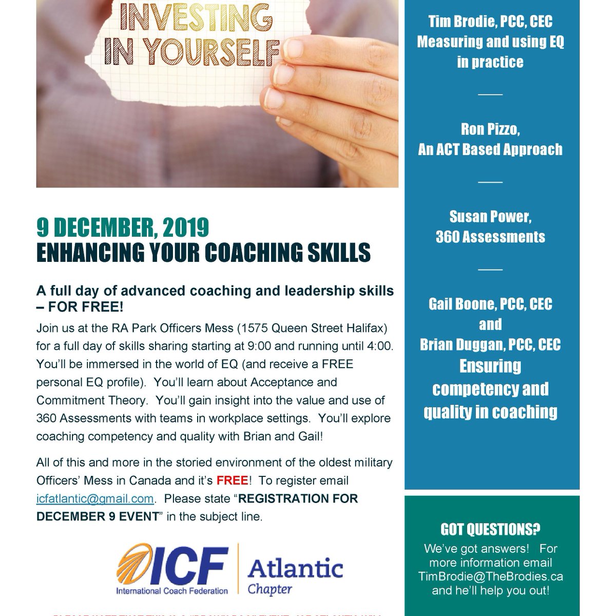 ICFAtlantic's tweet photo. Join us on December 9th 2019 for ICF Atlantic's "Enhancing your coaching skills" ! A full day of FREE advanced coaching! To register: email icfatlantic@gmail.com. Please state “REGISTRATION FOR DECEMBER 9 EVENT” in the subject line. #ICFATLANTIC #ICFATLANTICFREEEVENT https://t.co/06WJy7RROI