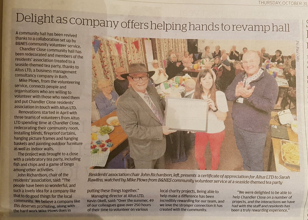 VolunteerBANES's tweet photo. Thanks #BathChronicle for covering the collaboration between @VirginCare  @AltusLtd who's  amazing   employees revamped the community hall at Chandler Close  #Proud to have been of service. #CompassionateCommunity @Curo_Group @bathnes https://t.co/1uY1KS3RZI