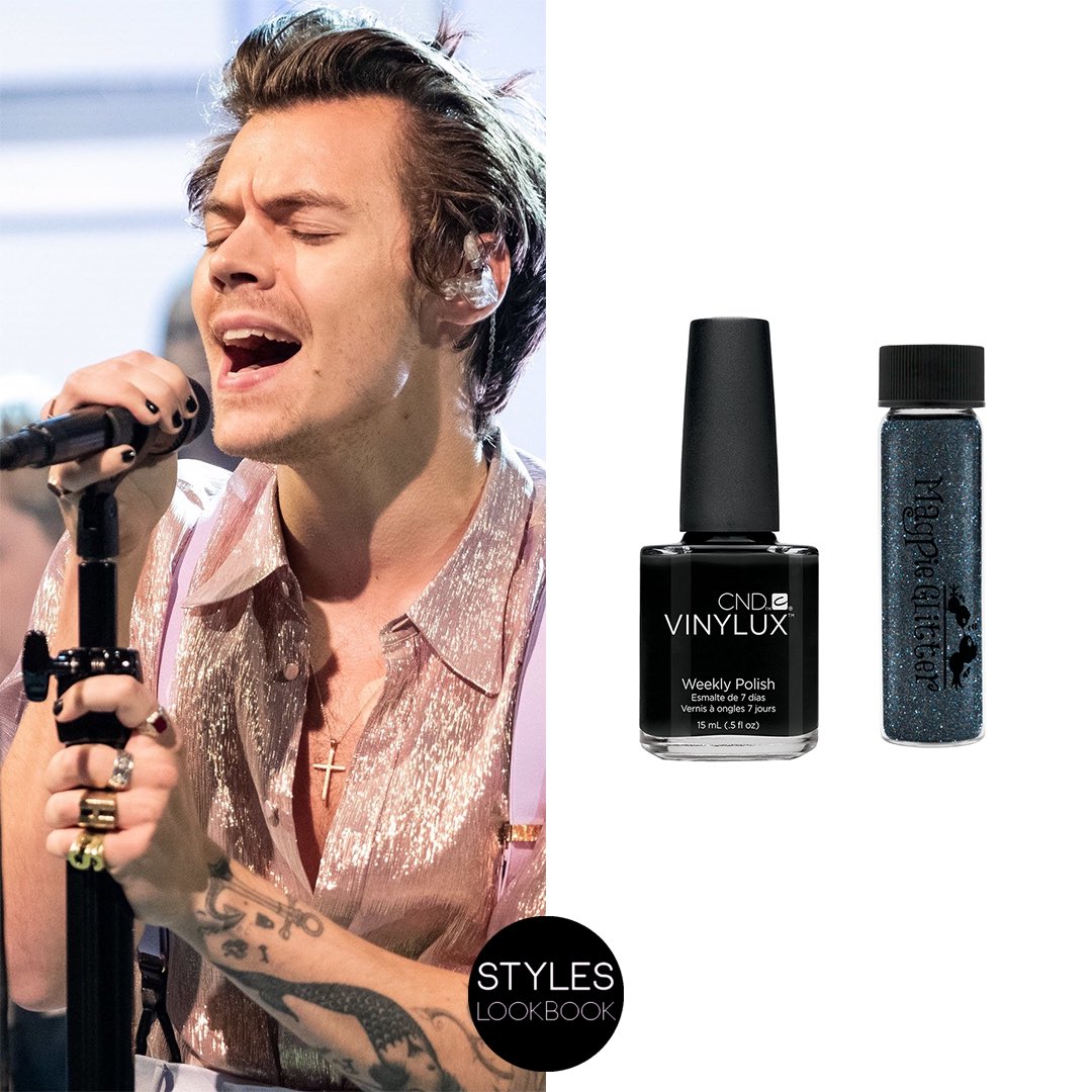 Harry Styles Lookbook Harry S Nail Artist Jenny Longworth Shared That She Used Cndvinylux Nail Polish In Black Pool 7 50 And A Dusting Of Magpie Nail Glitter In Jennifer 6 99 For